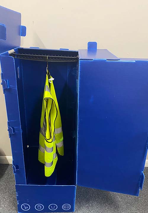 A blue wardrobe carton supplied by Pooley Removals