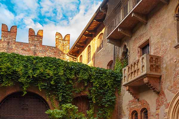 Patio and balcony of Romeo and Juliet house at golden sunset, Verona, Italy